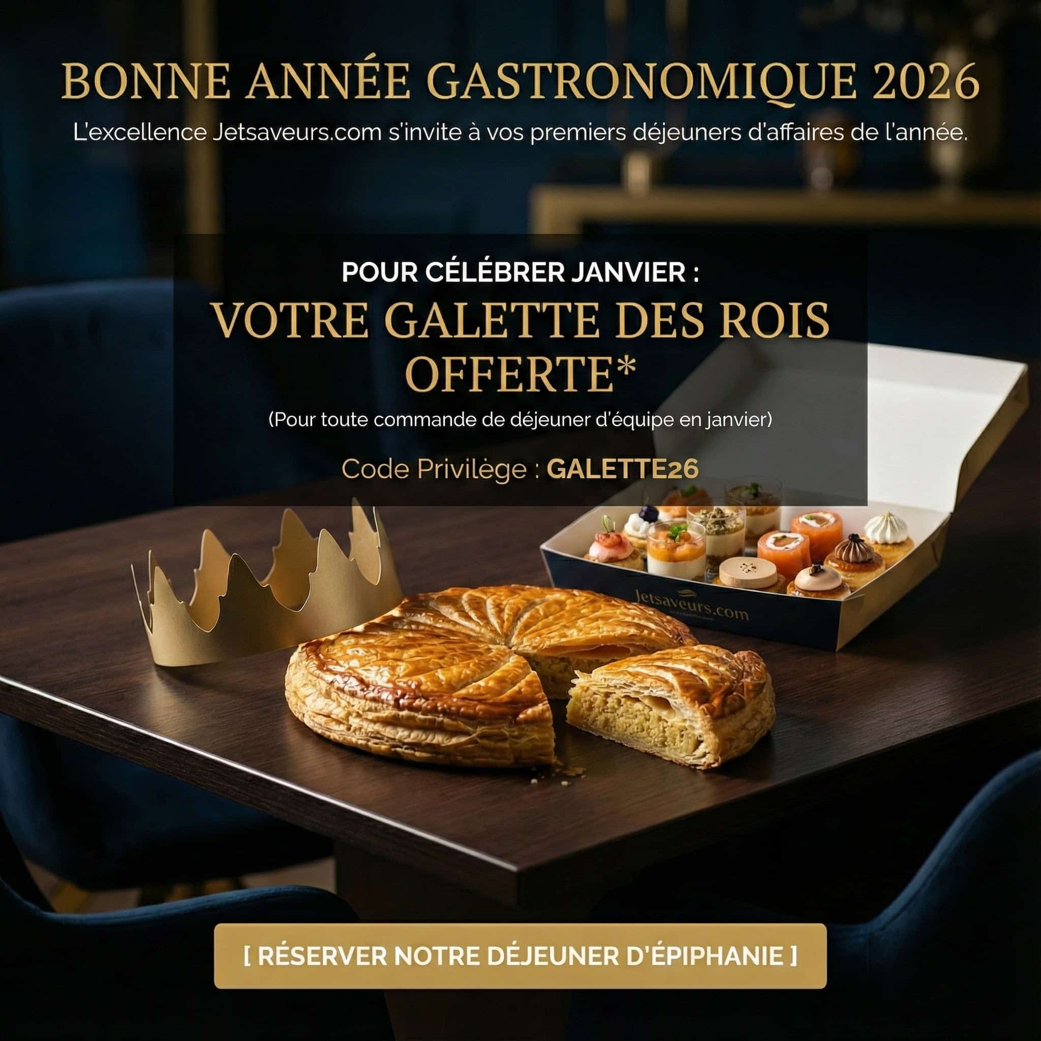 Offre Galette des Rois 2026 - Galette OFFERTE pour toute commande de déjeuner d'équipe en janvier - Code GALETTE26
