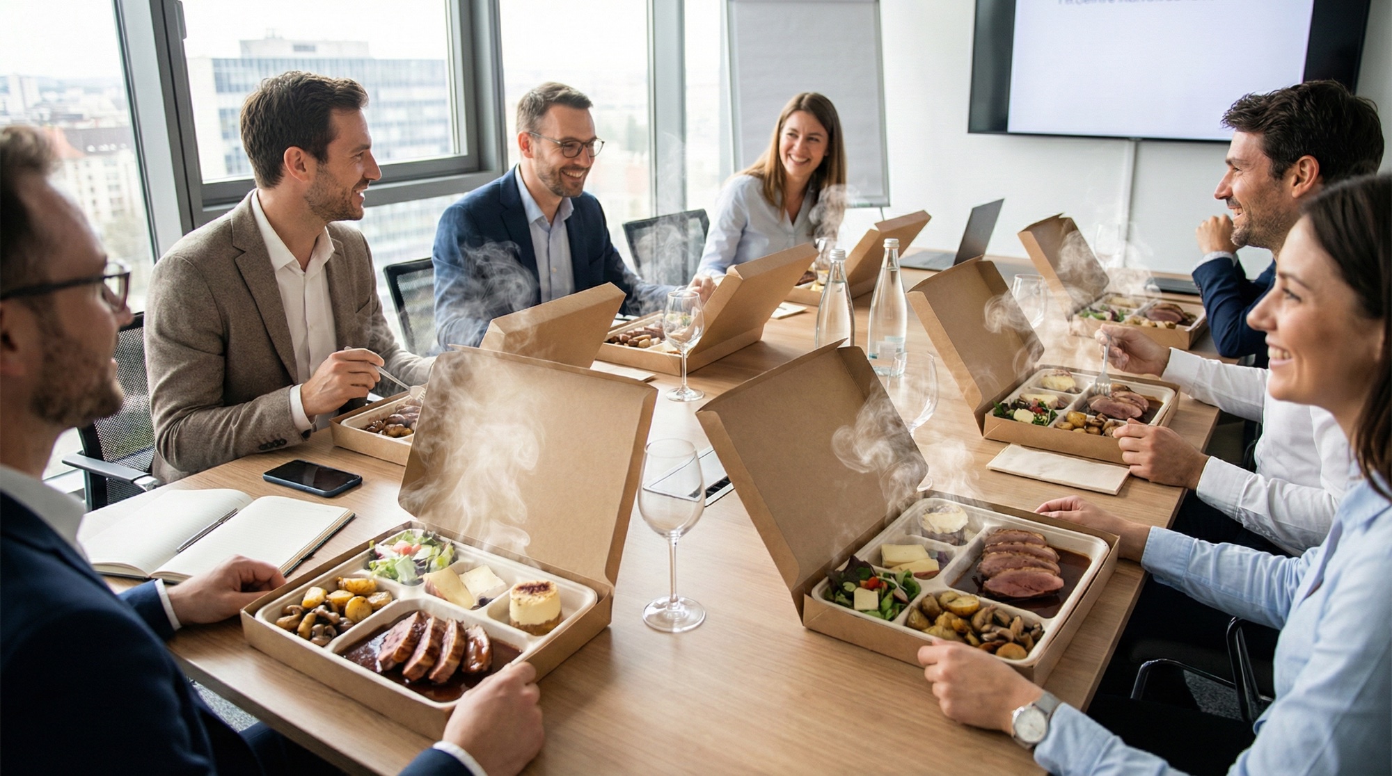 Équipe en réunion savourant des plateaux-repas livrés chauds